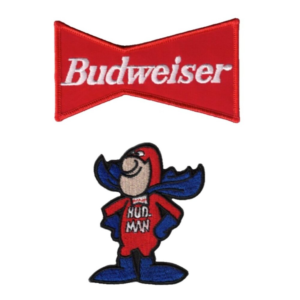 (2) Lot Budweiser + Bud Man Beer Embroidered 4in Iron / Sew-On Patch